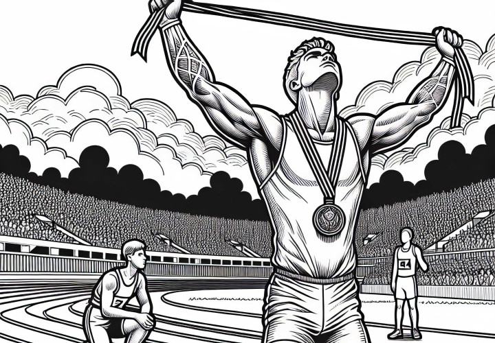 Athlète avec médaille à la ligne d'arrivée - Dessin à colorier gratuit pour les garçons à partir de douze ans