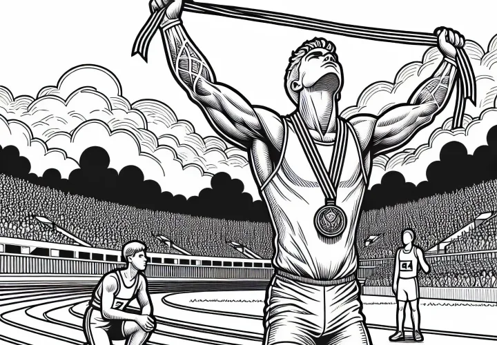 Athlète avec médaille à la ligne d'arrivée - Dessin à colorier gratuit pour les garçons à partir de douze ans