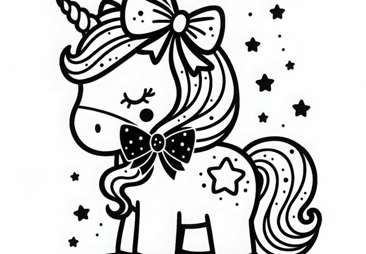 Licorne avec nœud - Dessin à colorier pour les filles à partir de trois ans gratuit