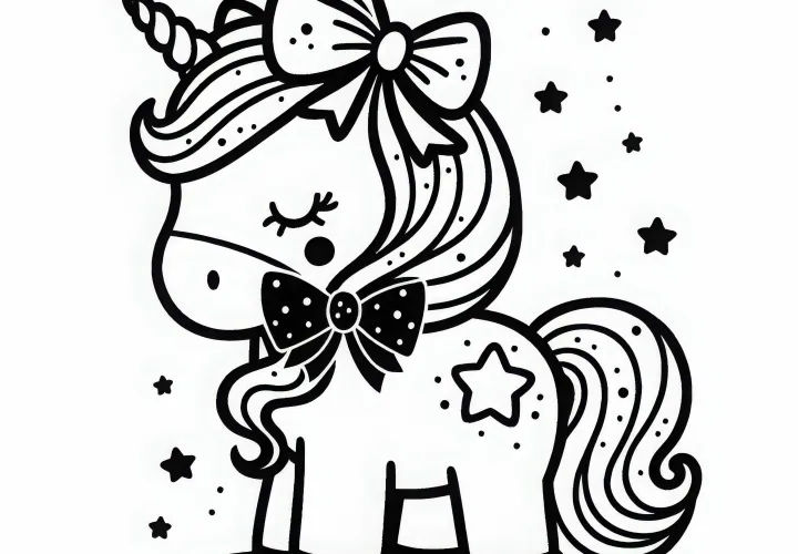 Licorne avec nœud - Dessin à colorier pour les filles à partir de trois ans gratuit