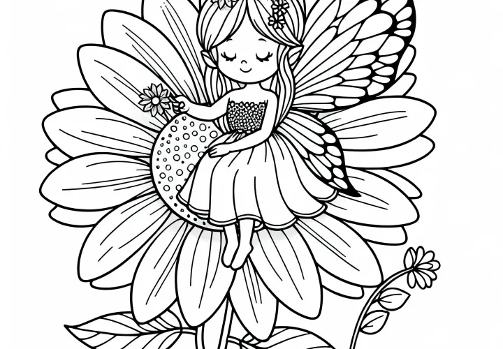 Fée assise sur une fleur - Dessin à colorier pour les filles à partir de trois ans, gratuit