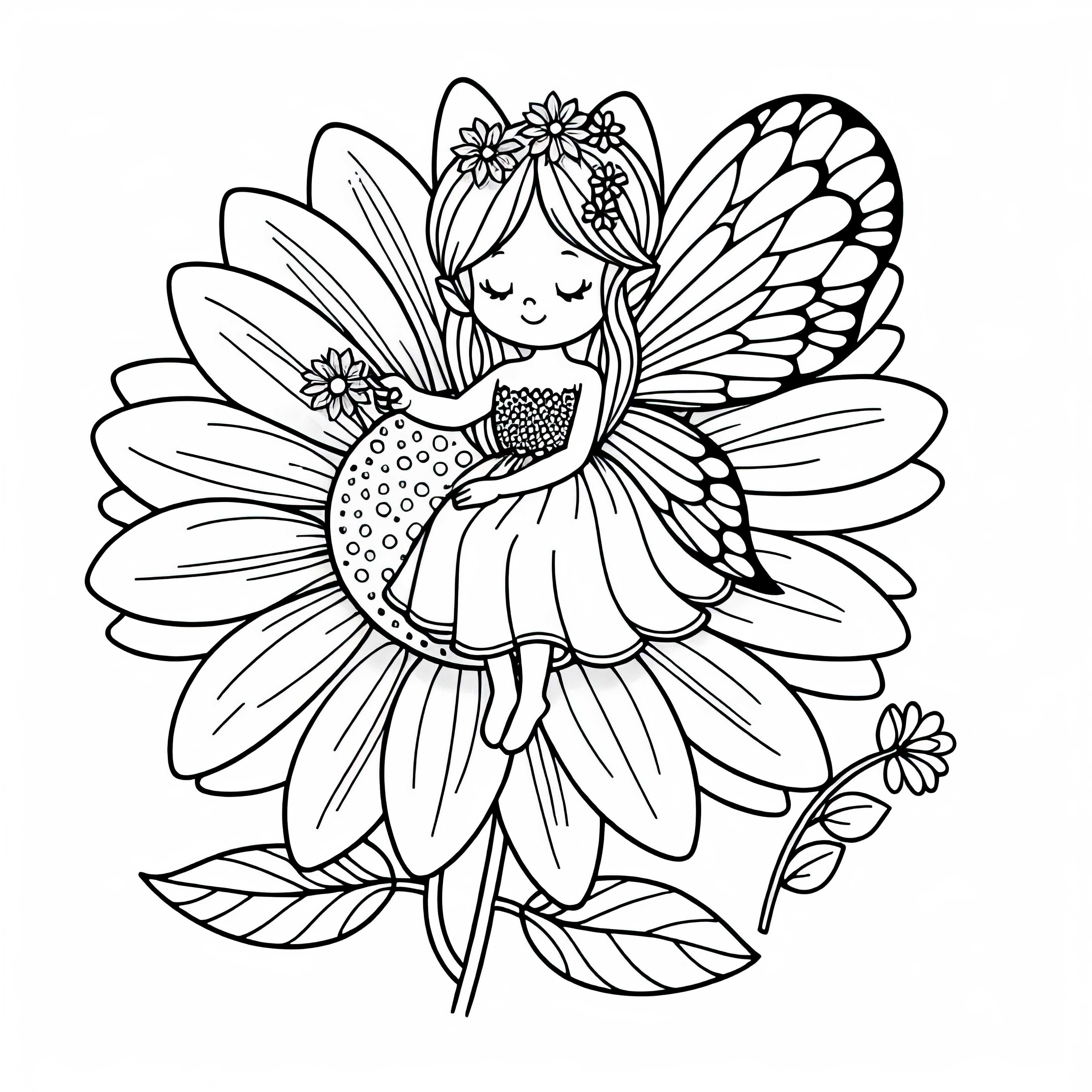 Fée assise sur une fleur – Dessin à colorier pour les filles à partir de trois ans, gratuit