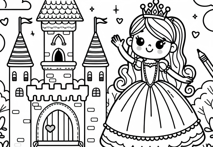 La princesse fait signe à côté du château de contes de fées – Modèle à colorier gratuit pour les filles à partir de trois ans