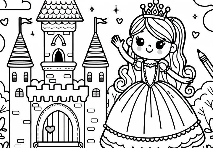 La princesse fait signe à côté du château de contes de fées – Modèle à colorier gratuit pour les filles à partir de trois ans