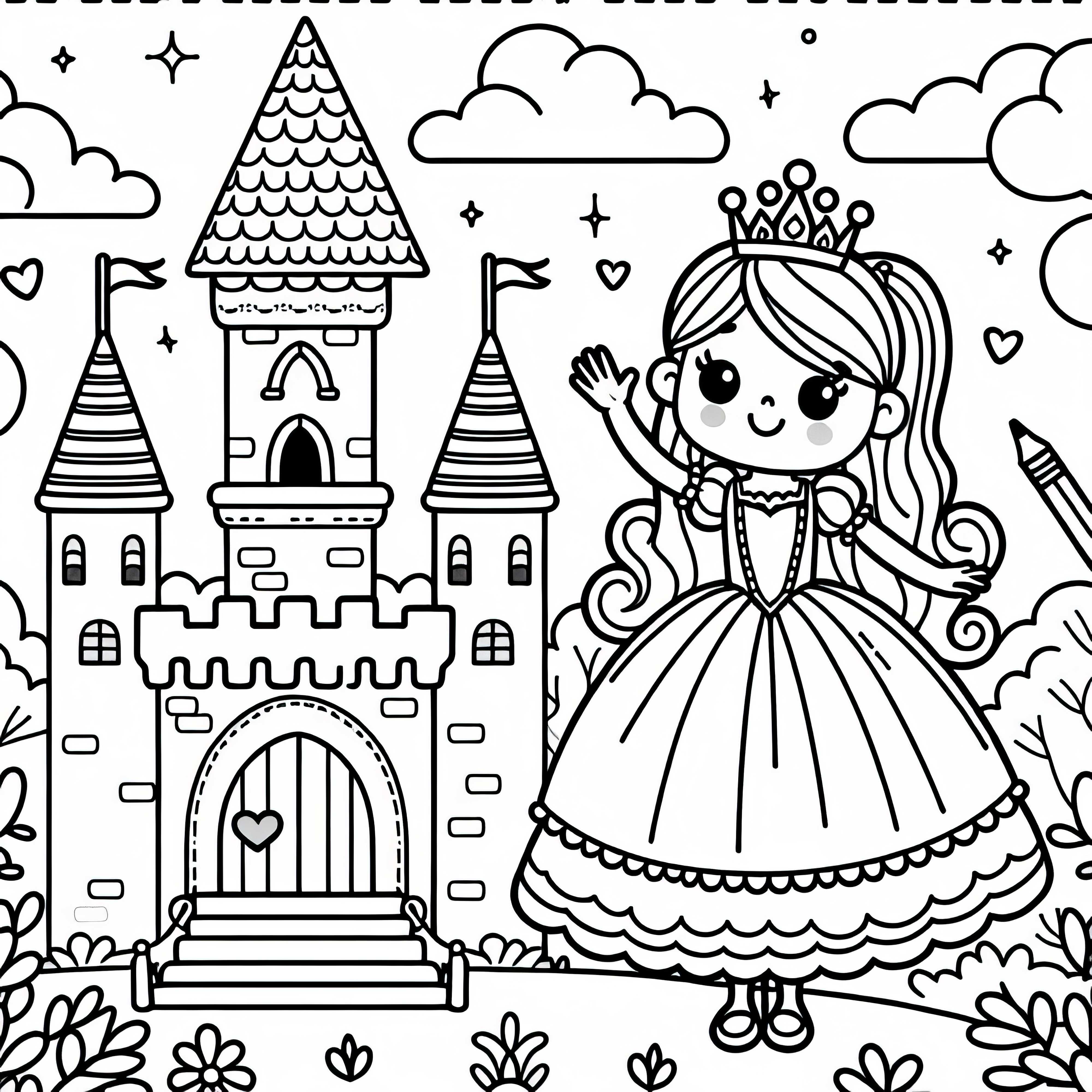 La princesse fait signe à côté du château de conte de fées – Feuille de coloriage gratuite pour les filles à partir de trois ans