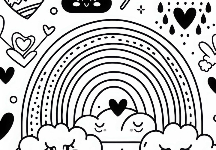 Image à colorier d'un arc-en-ciel avec des nuages pour les filles à partir de trois ans, gratuit