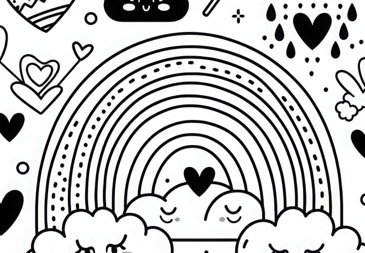 Image à colorier d'un arc-en-ciel avec des nuages pour les filles à partir de trois ans, gratuit