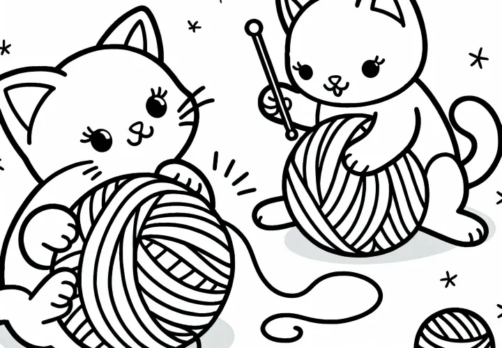 Deux chats jouent avec de la laine - Dessin à colorier pour filles à partir de trois ans, gratuit