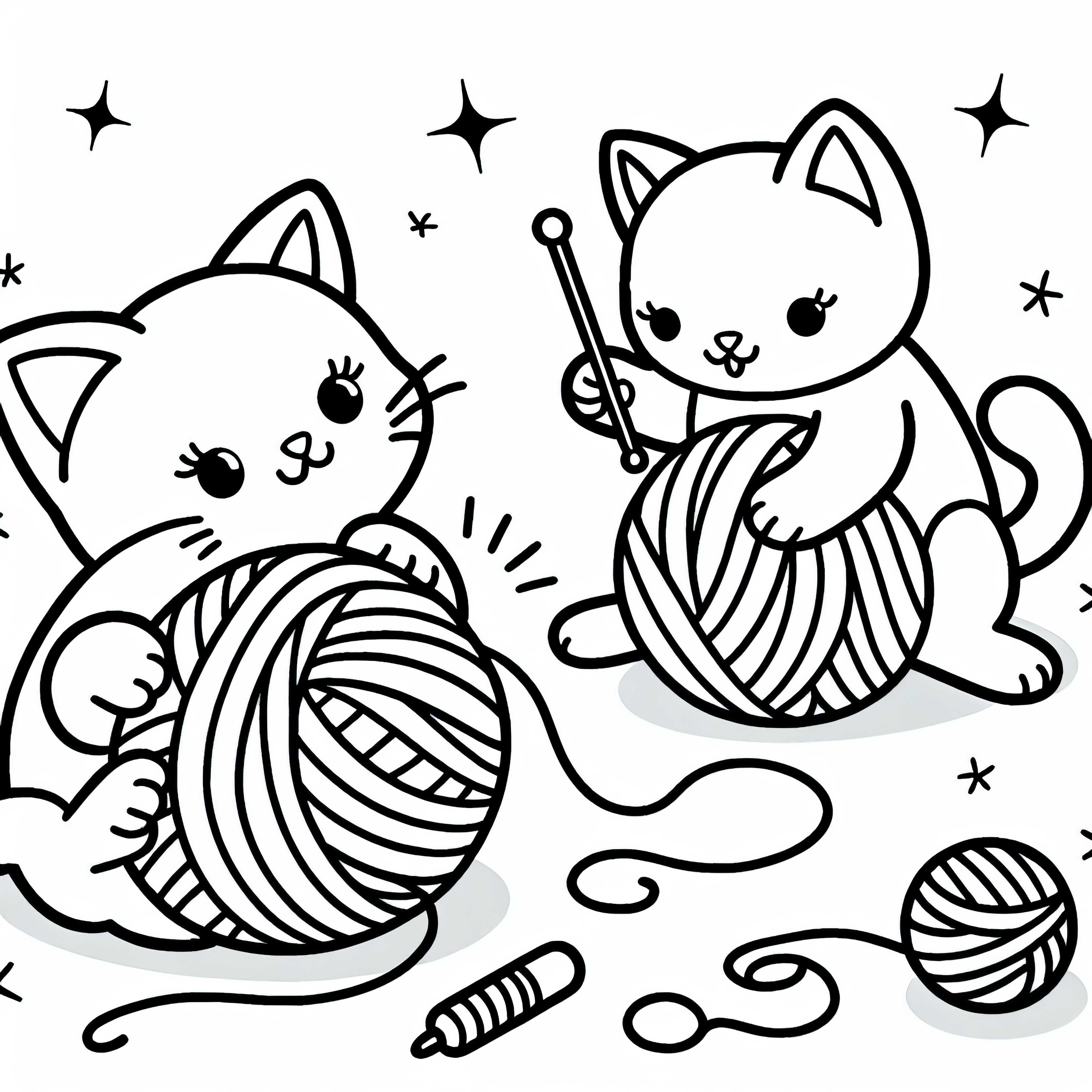 Deux chats jouent avec de la laine - Dessin à colorier pour les filles à partir de trois ans gratuit
