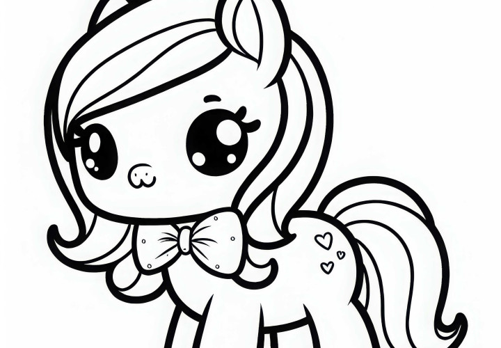 Petit poney avec nœud - Dessin à colorier pour les filles à partir de trois ans gratuit