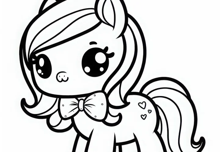 Petit poney avec nœud - Dessin à colorier pour les filles à partir de trois ans gratuit