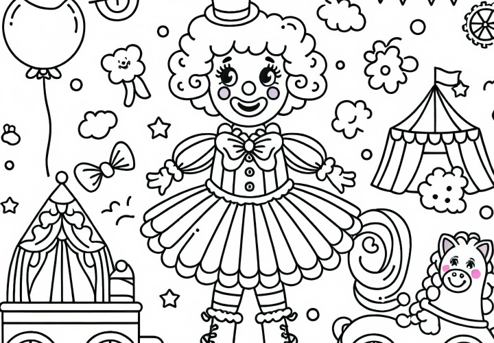 Cirque avec clown - Page à colorier gratuite pour les filles à partir de trois ans