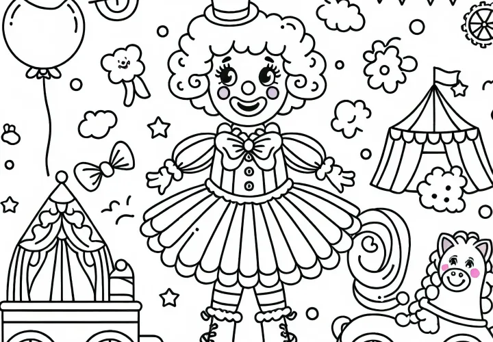Cirque avec clown - Page à colorier gratuite pour les filles à partir de trois ans