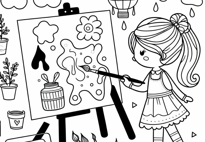 Fille peignant sur un chevalet - Modèle de coloriage pour filles à partir de trois ans gratuit