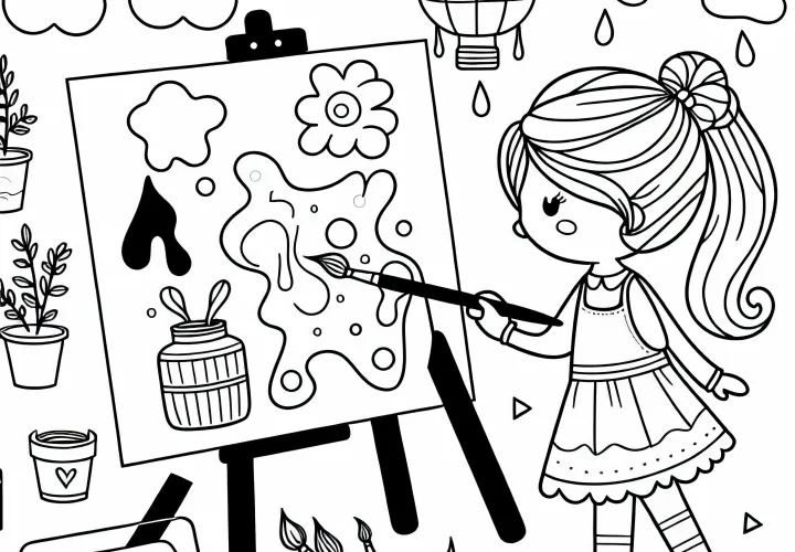 Fille peignant sur un chevalet - Modèle de coloriage pour filles à partir de trois ans gratuit