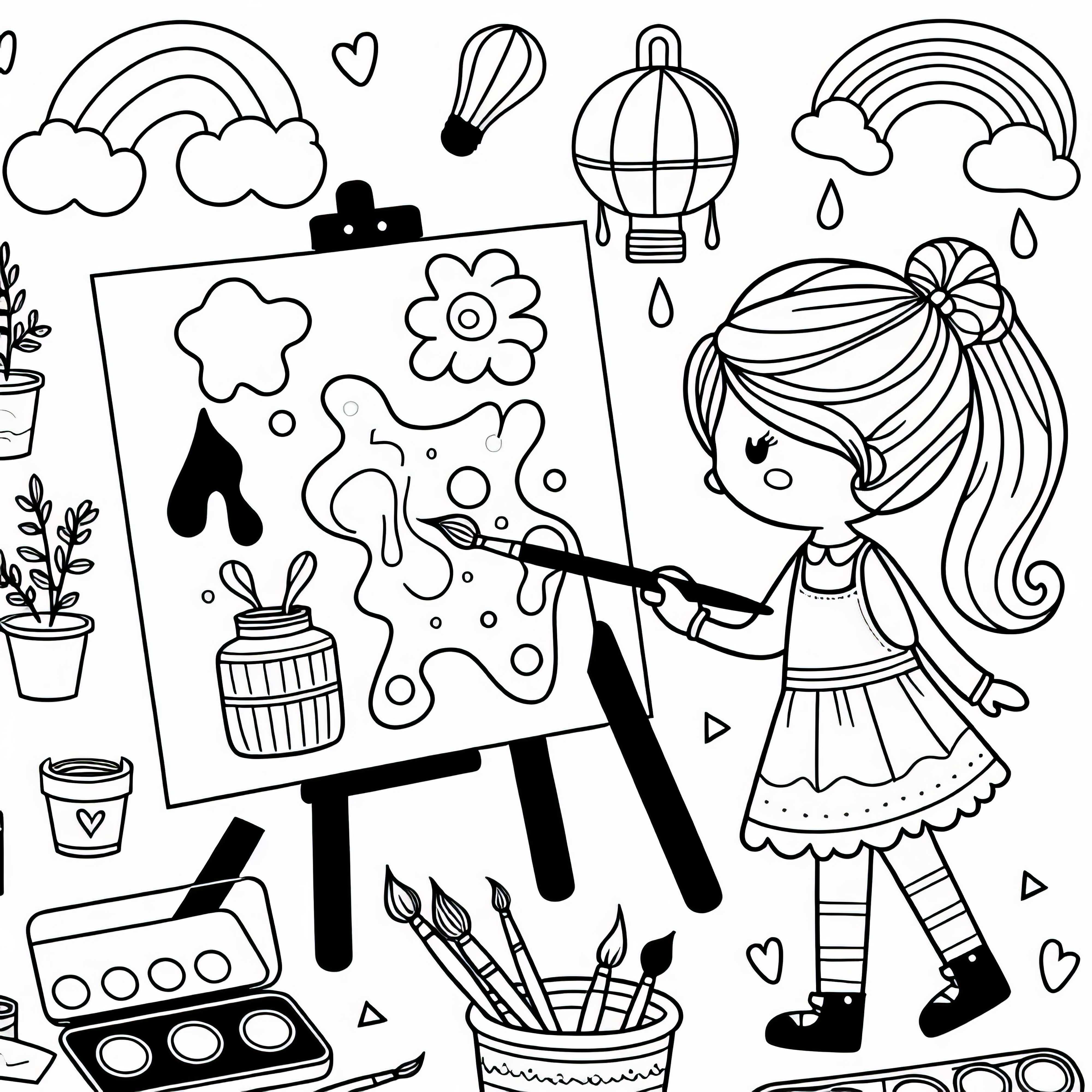 Fille peignant sur un chevalet – Modèle de coloriage pour filles à partir de trois ans, gratuit