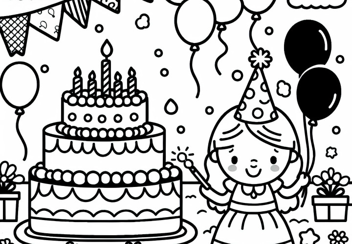 Fête d'anniversaire avec gâteau et ballons : image à colorier pour les filles à partir de trois ans - Gratuit