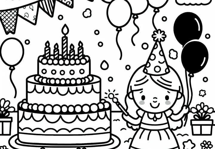 Fête d'anniversaire avec gâteau et ballons : image à colorier pour les filles à partir de trois ans - Gratuit