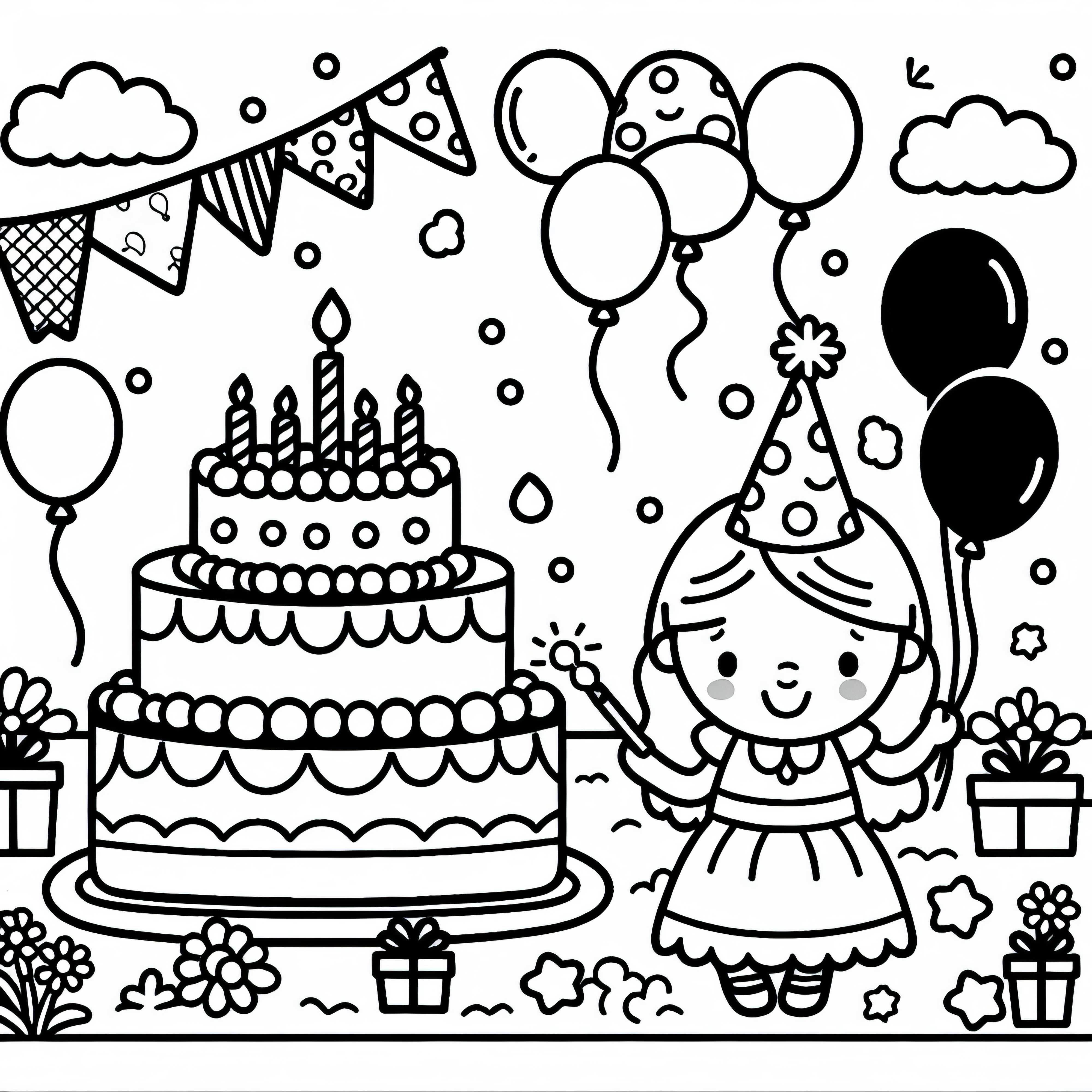 Fête d'anniversaire avec gâteau et ballons : Dessin à colorier pour les filles à partir de trois ans - Gratuit