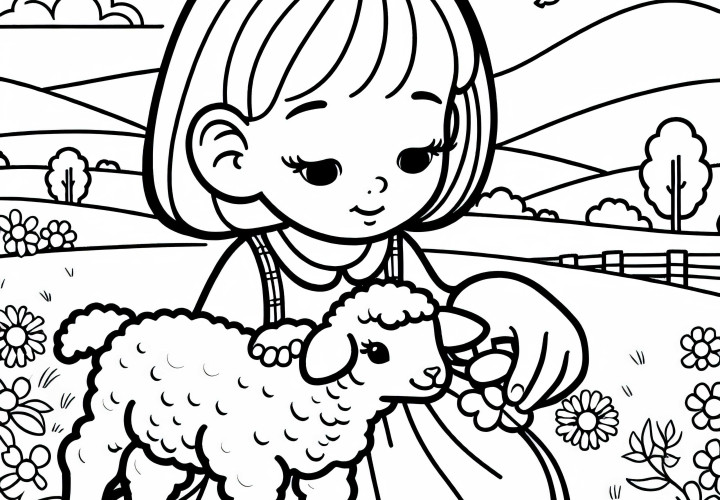 Fille nourrit un agneau – Modèle de coloriage pour filles à partir de trois ans gratuit