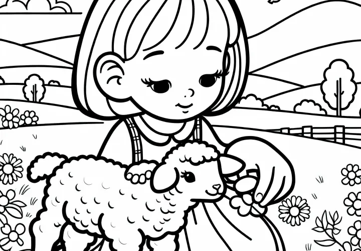 Fille nourrit un agneau – Modèle de coloriage pour filles à partir de trois ans gratuit