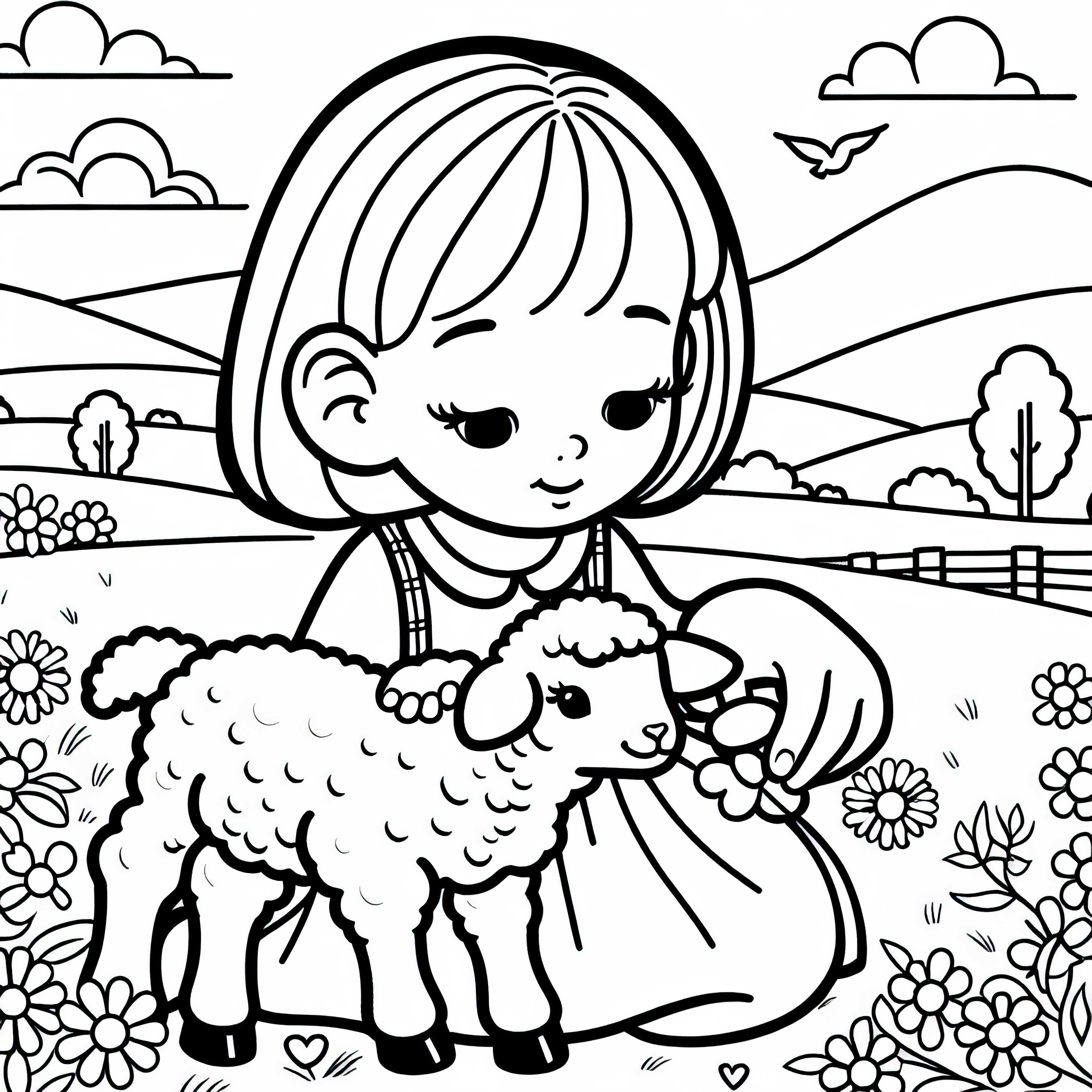 Fille nourrit un agneau – Modèle à colorier pour les filles à partir de trois ans gratuit