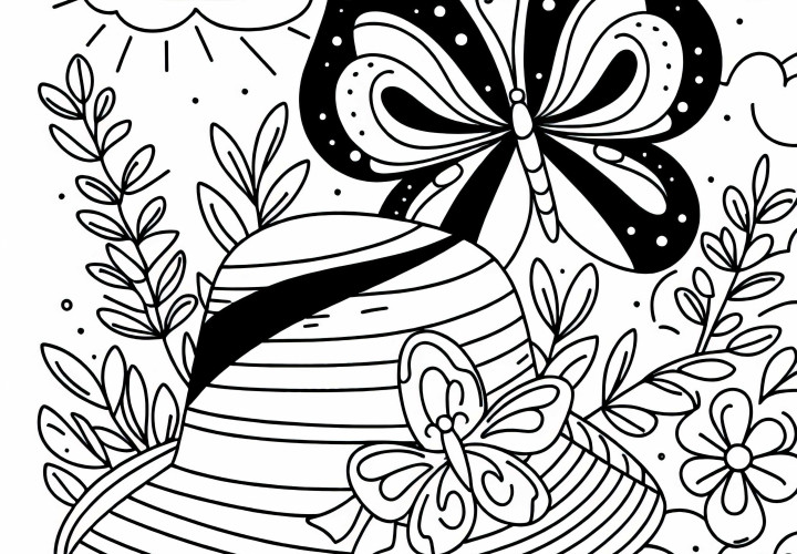 Un papillon se pose sur un chapeau - Dessin à colorier gratuit pour les filles à partir de trois ans Papillon atterrit sur un chapeau - Dessin à colorier pour les filles à partir de trois ans gratuit