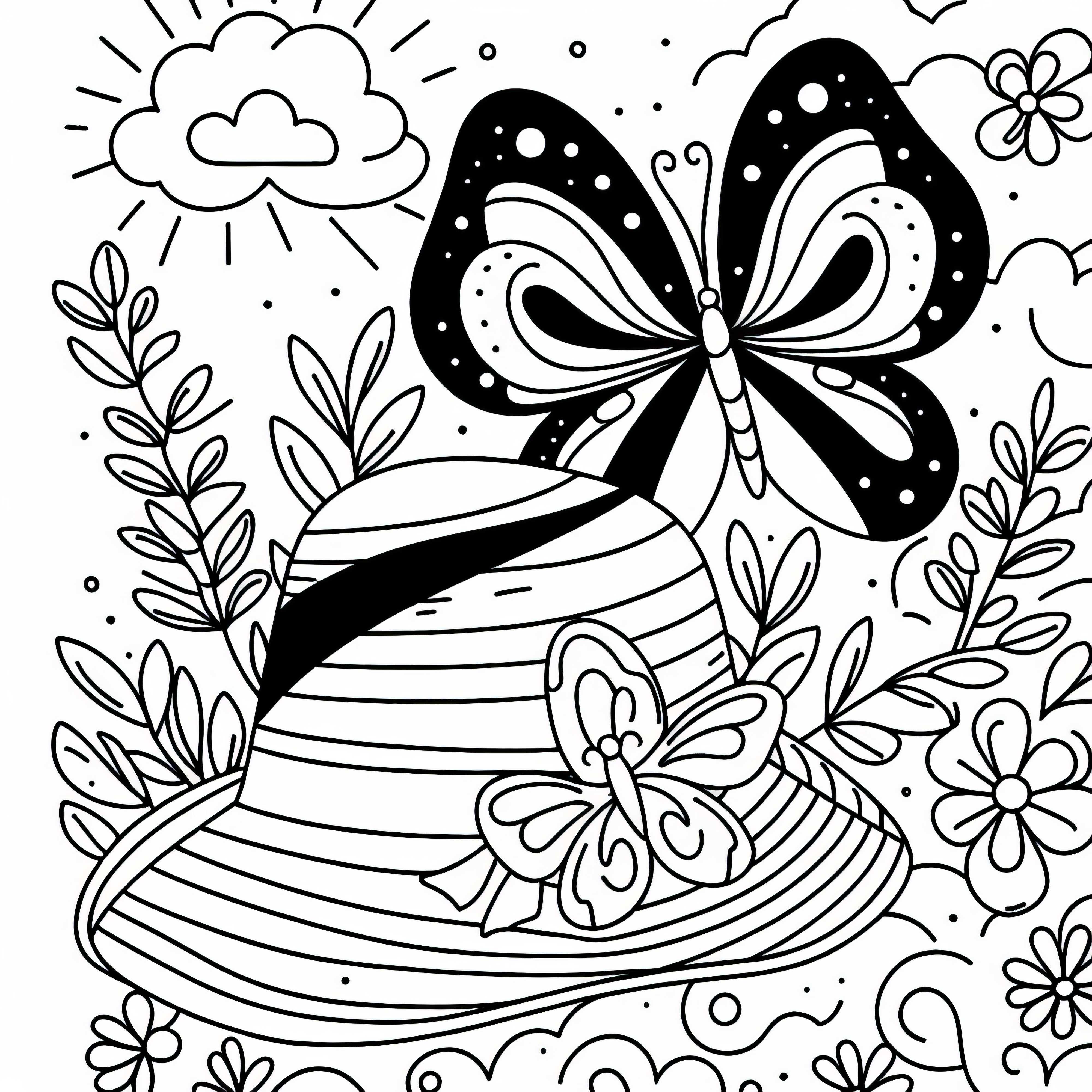 Papillon se pose sur un chapeau - Dessin à colorier gratuit pour les filles à partir de trois ans