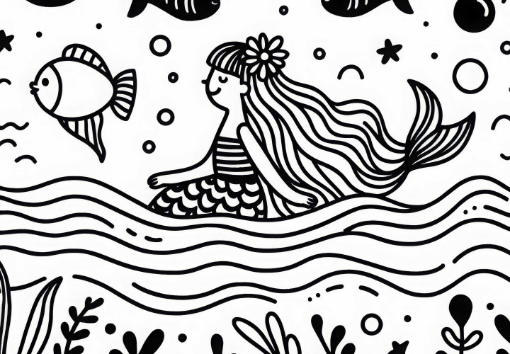 La sirène nage avec des poissons - Coloriage gratuit pour les filles à partir de trois ans