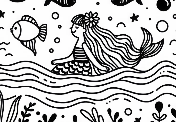 La sirène nage avec des poissons - Coloriage gratuit pour les filles à partir de trois ans