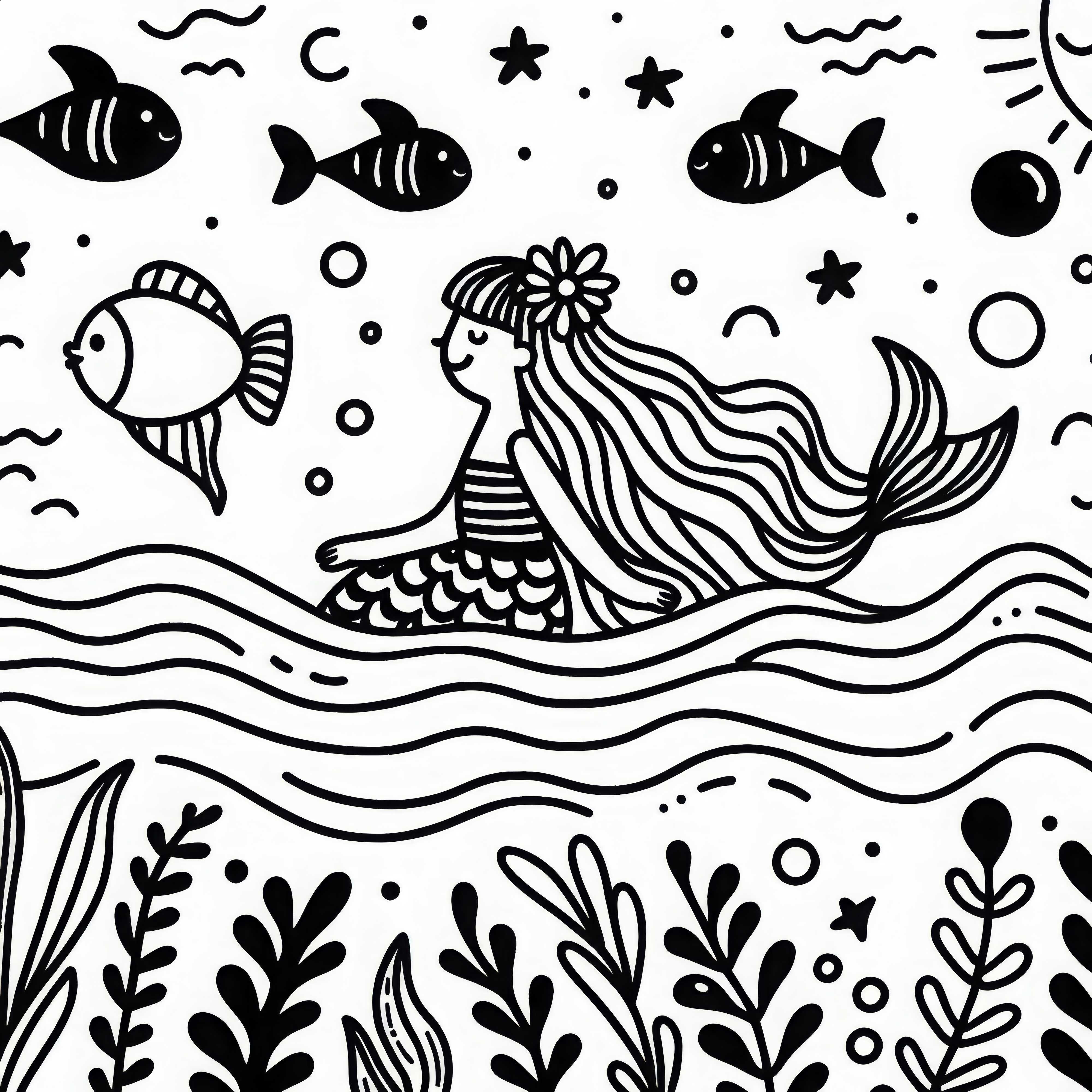 La sirène nage avec des poissons - Coloriage gratuit pour les filles à partir de trois ans