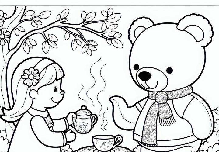 Teddyband avec service à thé : Dessin à colorier pour filles à partir de trois ans gratuit