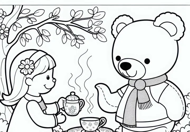 Teddyband avec service à thé : Dessin à colorier pour filles à partir de trois ans gratuit
