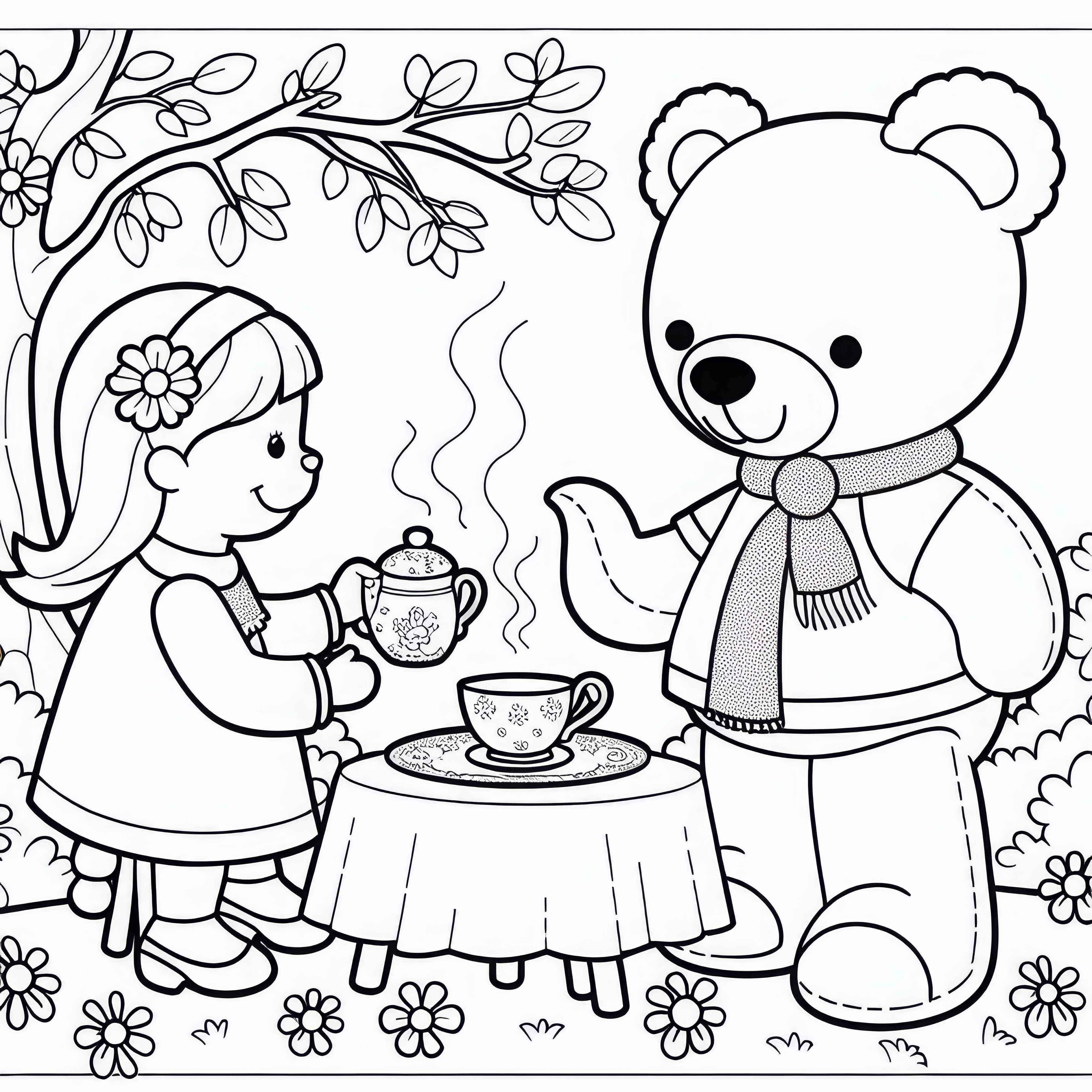Teddyband avec service à thé : image à colorier pour les filles à partir de trois ans gratuite