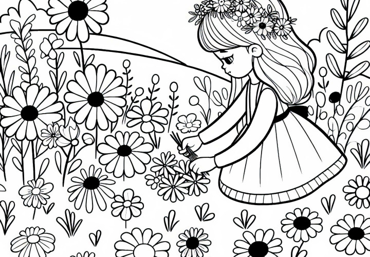 Fille cueillant des fleurs dans un pré - Dessin à colorier pour les filles à partir de trois ans, gratuit