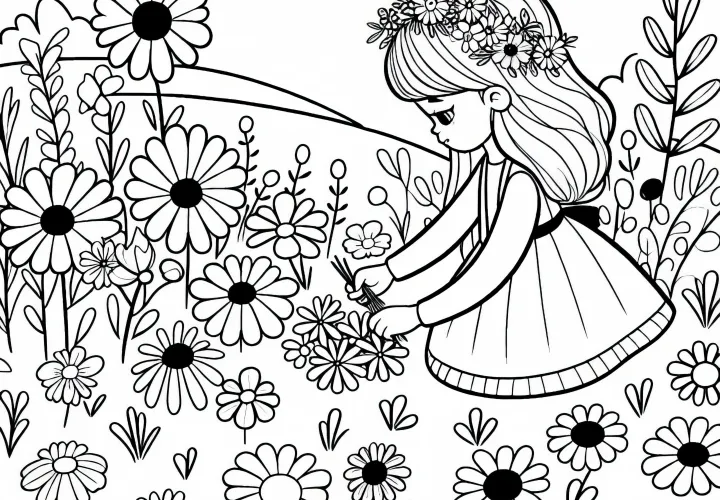 Fille cueillant des fleurs dans un pré - Dessin à colorier pour les filles à partir de trois ans, gratuit
