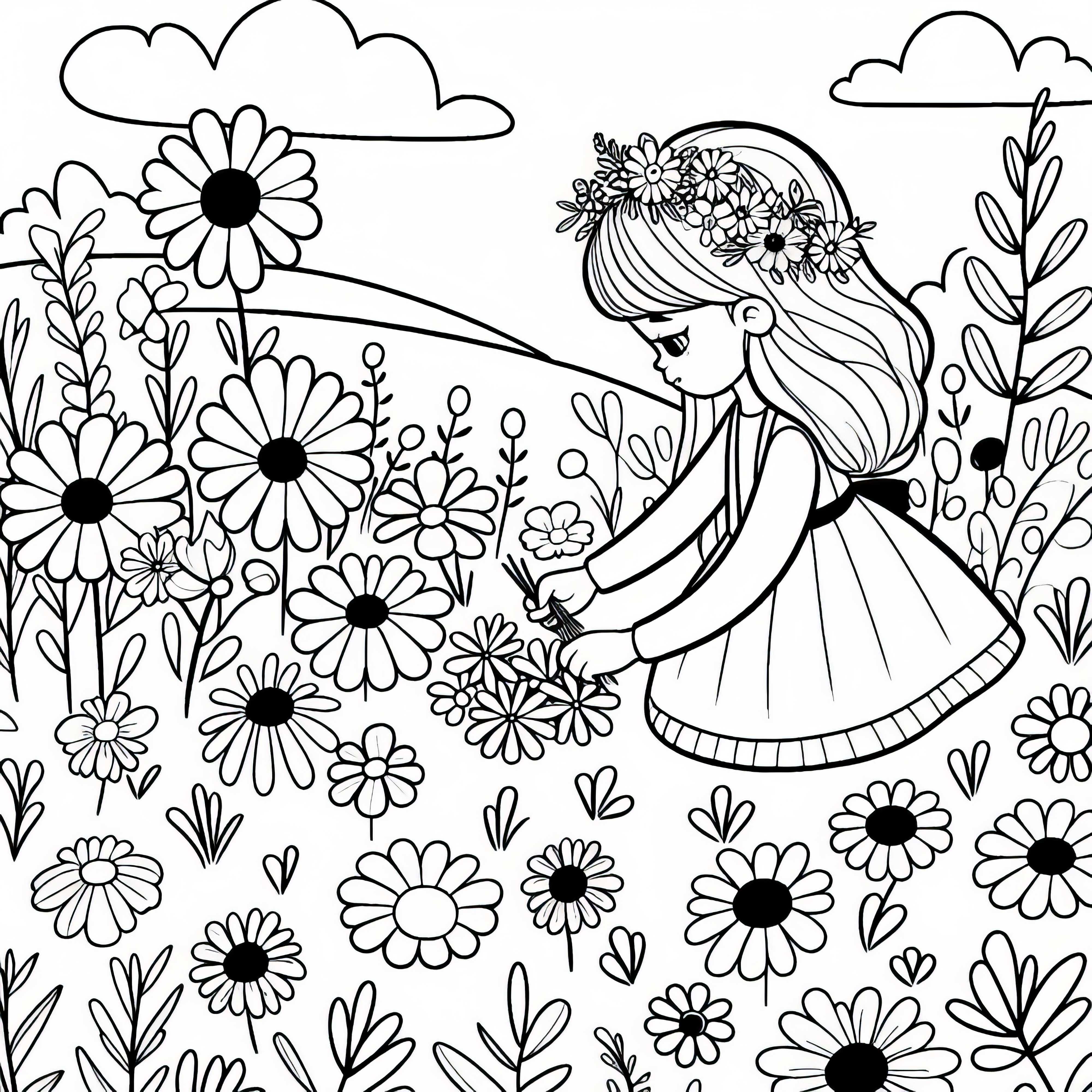 Fille cueille des fleurs dans le pré - Modèle de coloriage pour les filles à partir de trois ans, gratuit