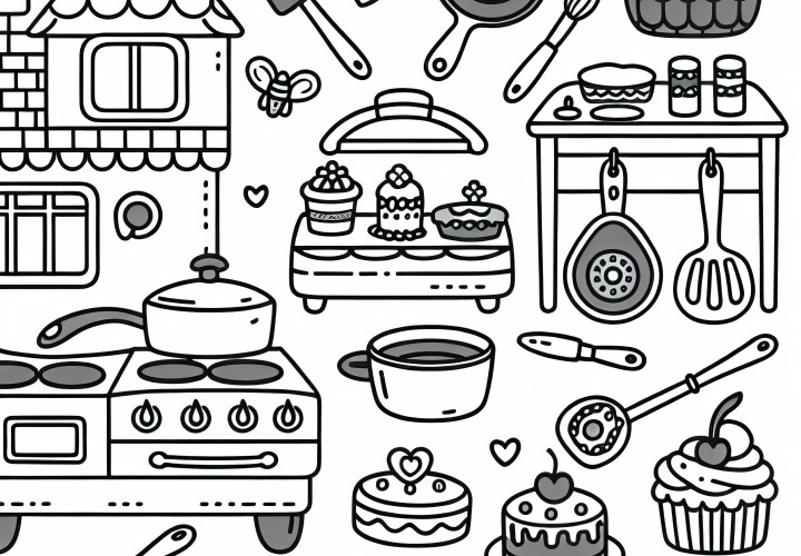 Cuisine de jeu avec poêles – Dessin à colorier gratuit pour les filles à partir de trois ans