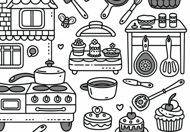 Cuisine de jeu avec poêles – Dessin à colorier gratuit pour les filles à partir de trois ans