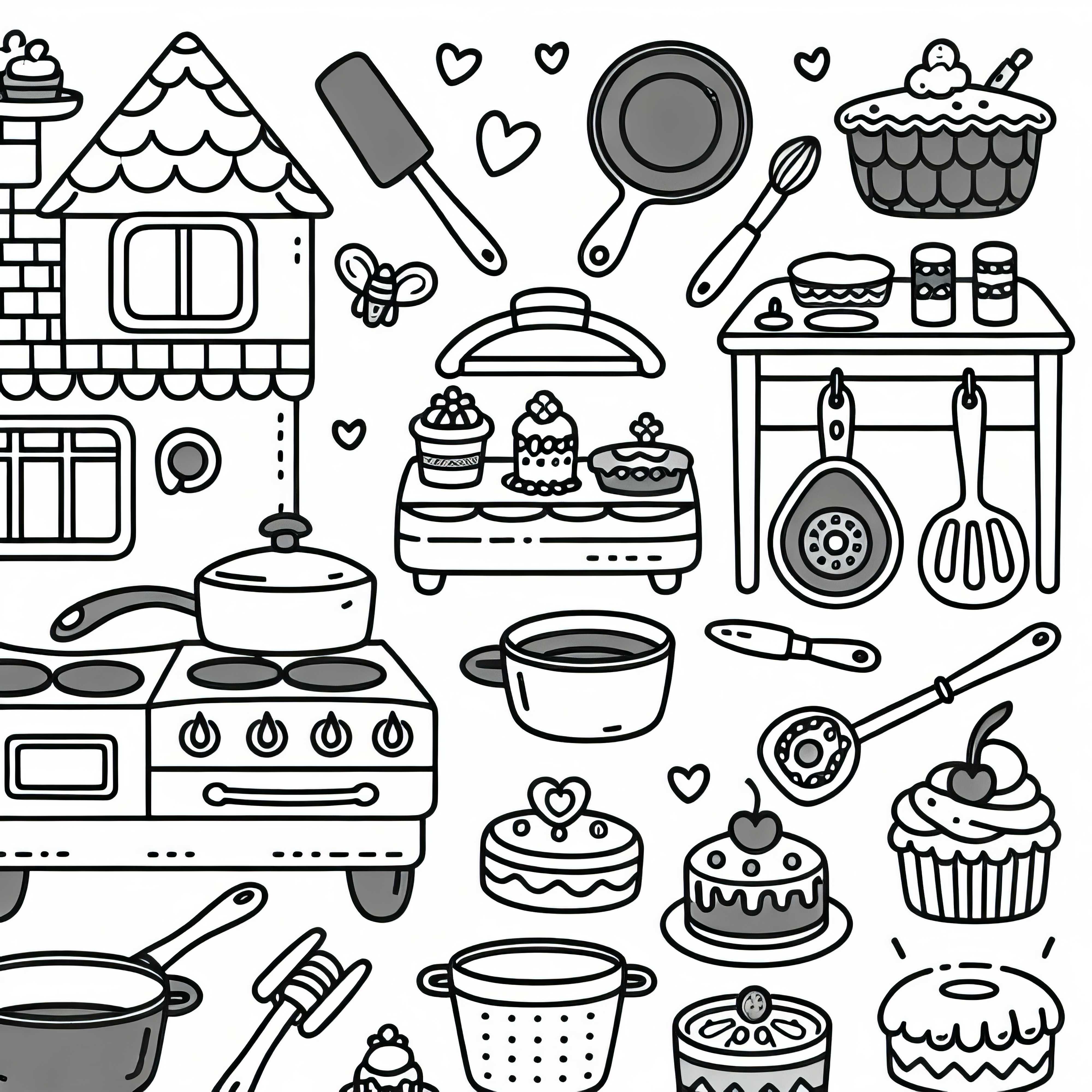 Cuisine de jeu avec poêles - Dessin à colorier pour filles à partir de trois ans gratuit