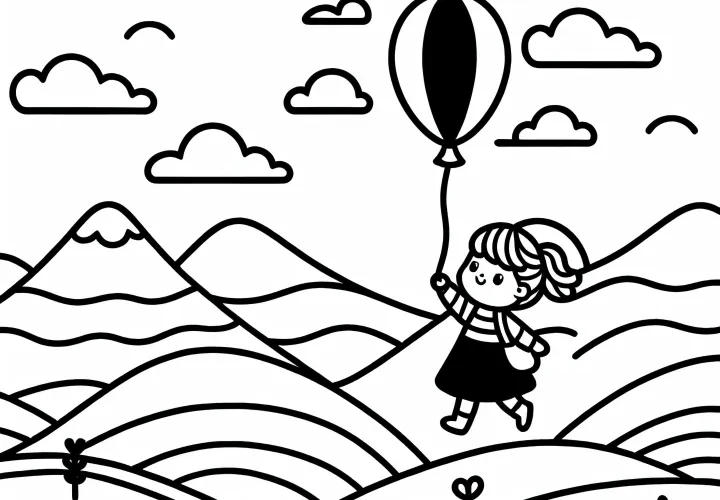 Un enfant vole avec un ballon au-dessus des collines – Image à colorier pour les filles à partir de trois ans gratuite