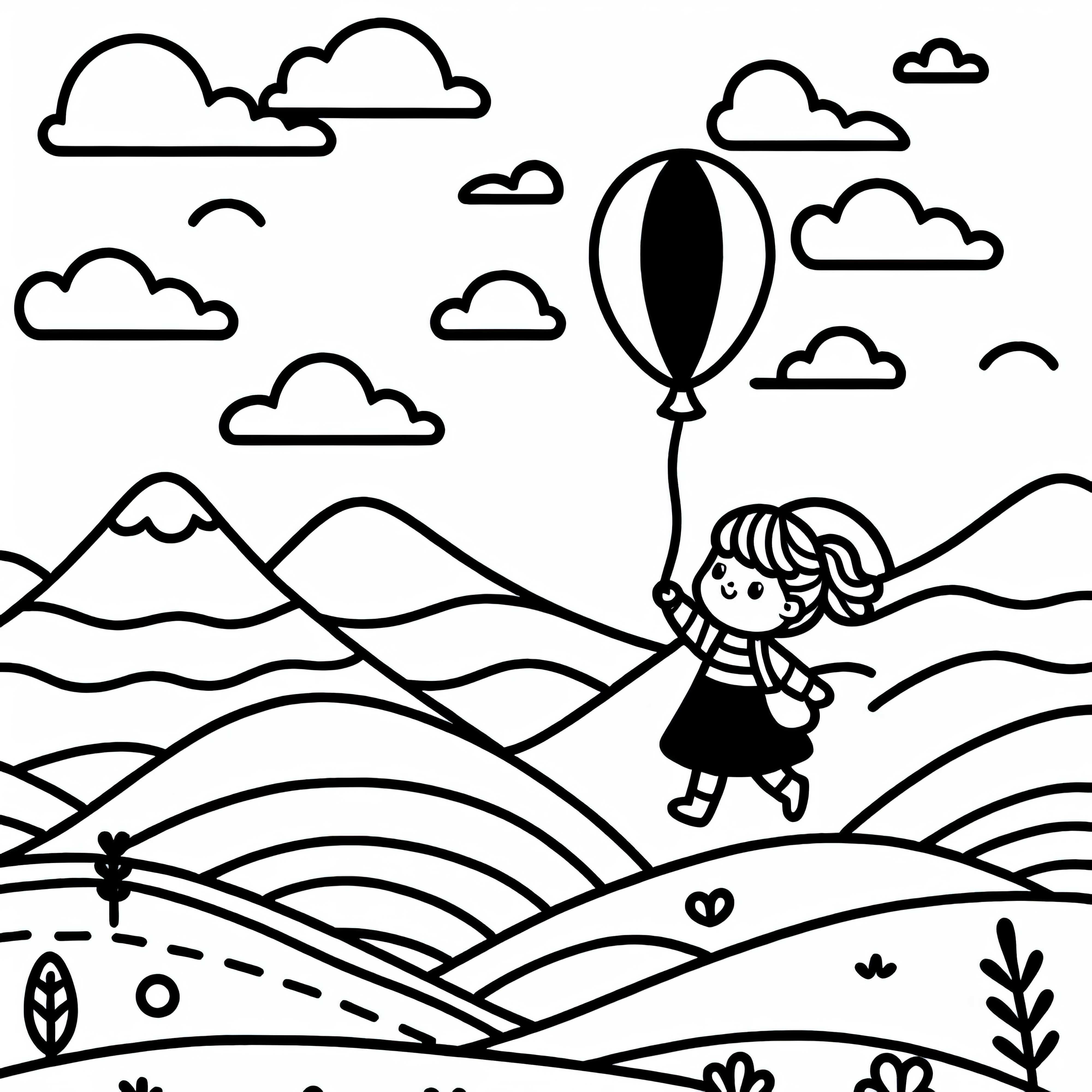 Un enfant vole avec un ballon sur une colline - Dessin à colorier gratuit pour les filles à partir de trois ans
