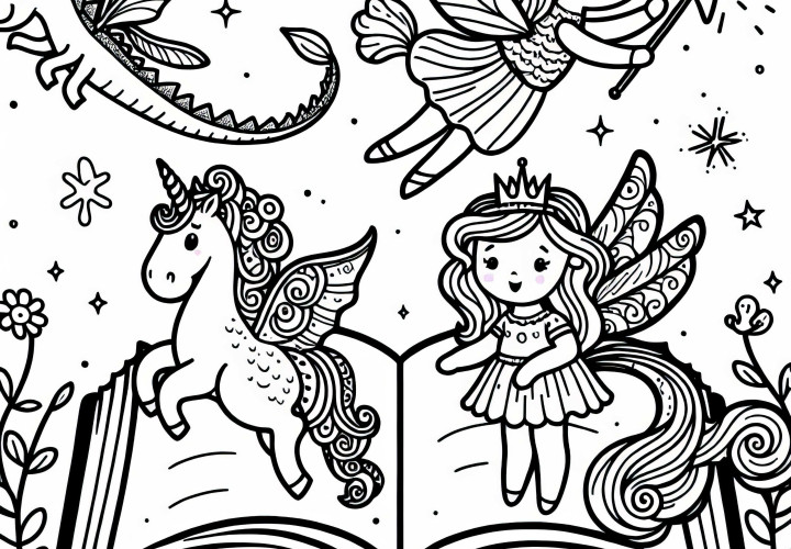 Livre de contes avec des personnages volants - Image à colorier pour les filles à partir de trois ans gratuite