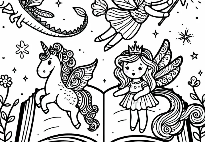 Livre de contes avec des personnages volants - Image à colorier pour les filles à partir de trois ans gratuite