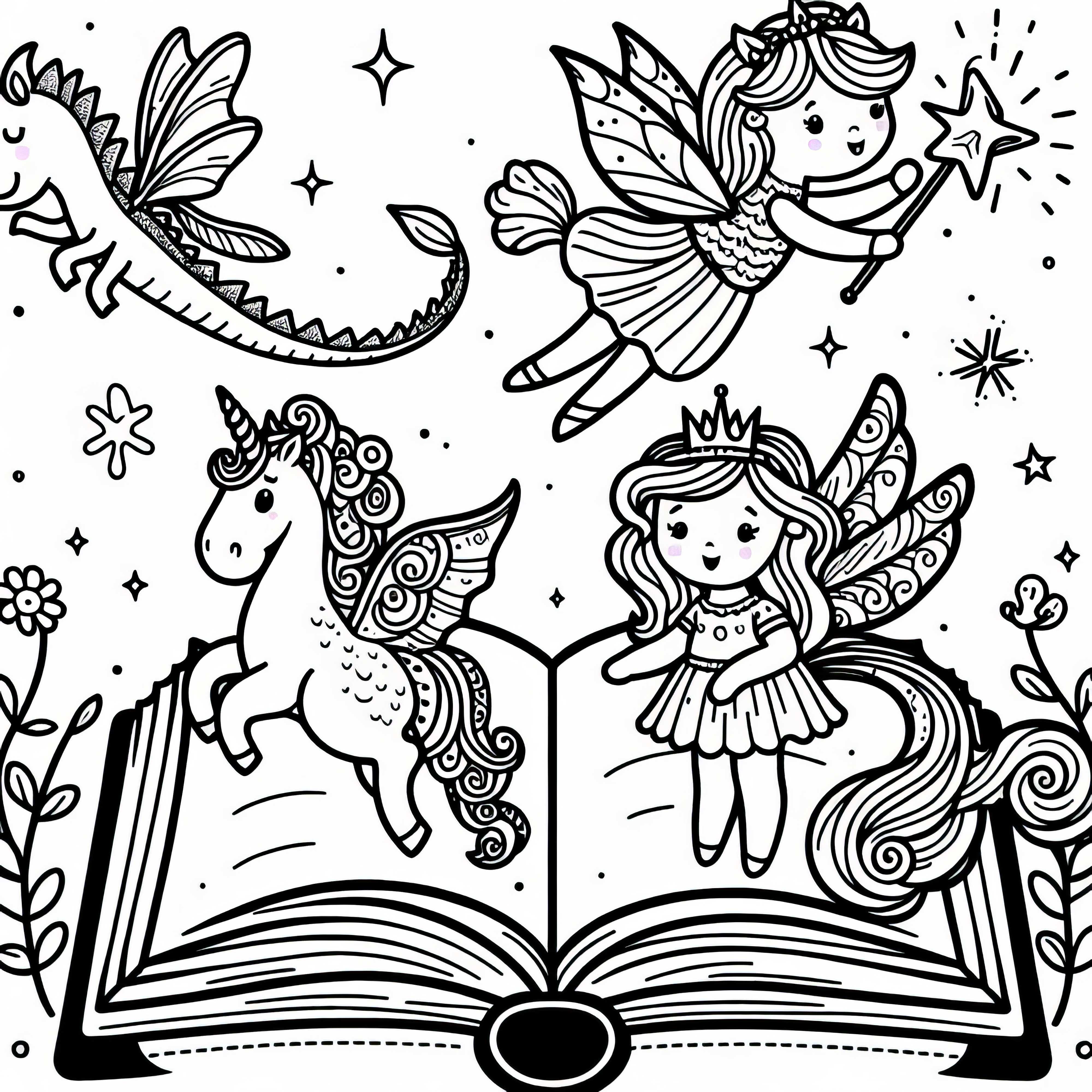 Livre de contes avec des figures volantes – Dessin à colorier pour les filles à partir de trois ans, gratuit