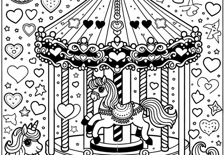 Coloriage de carrousel avec des cœurs et des étoiles pour filles à partir de trois ans
