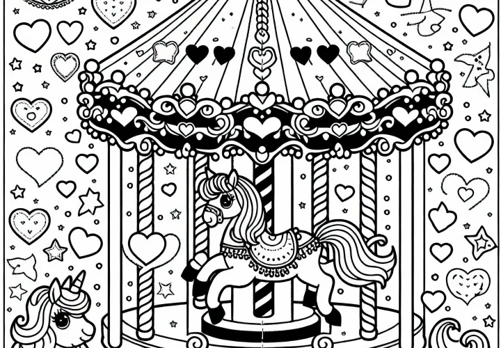 Coloriage de carrousel avec des cœurs et des étoiles pour filles à partir de trois ans