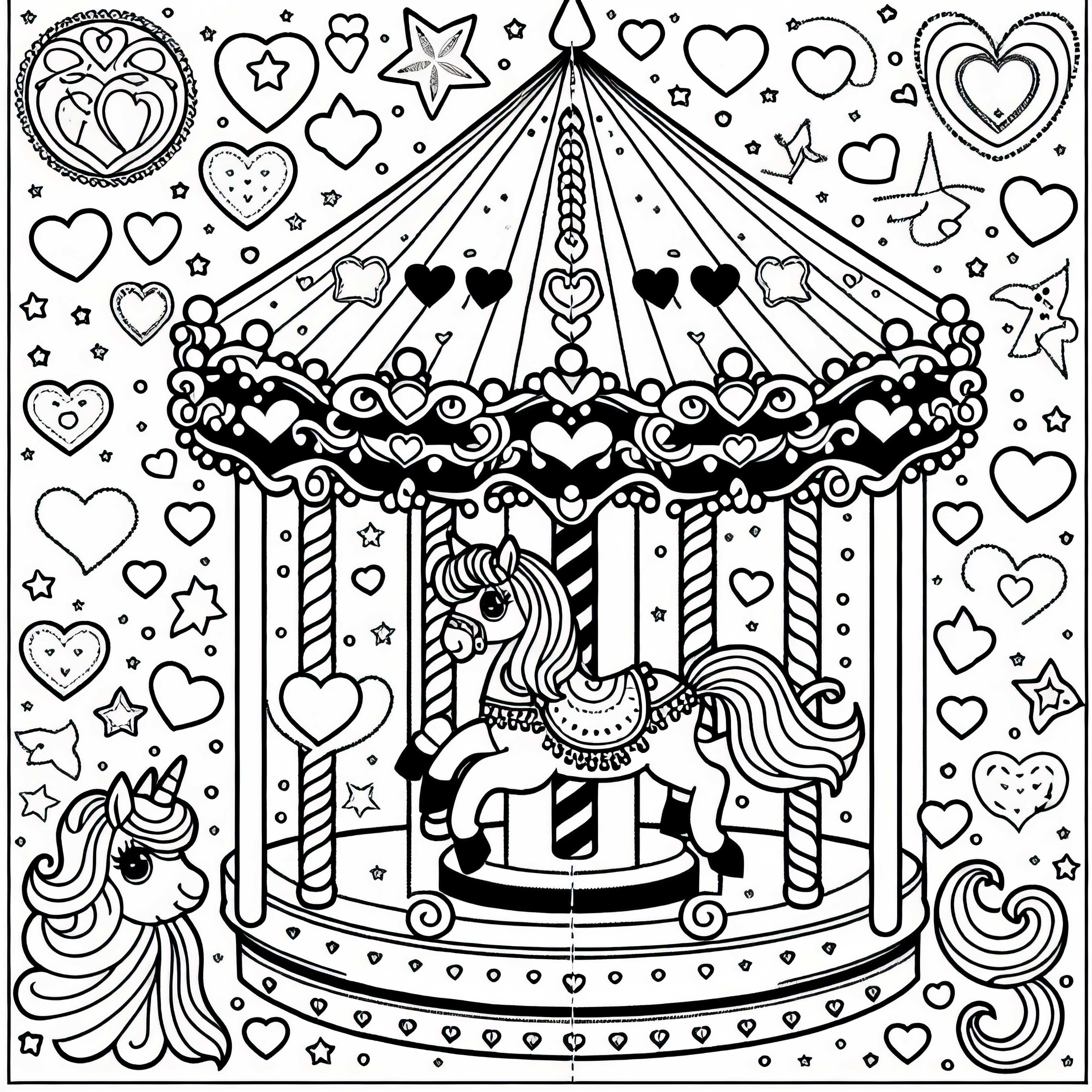 Carrousel avec cœurs et étoiles, modèle de coloriage pour les filles à partir de trois ans