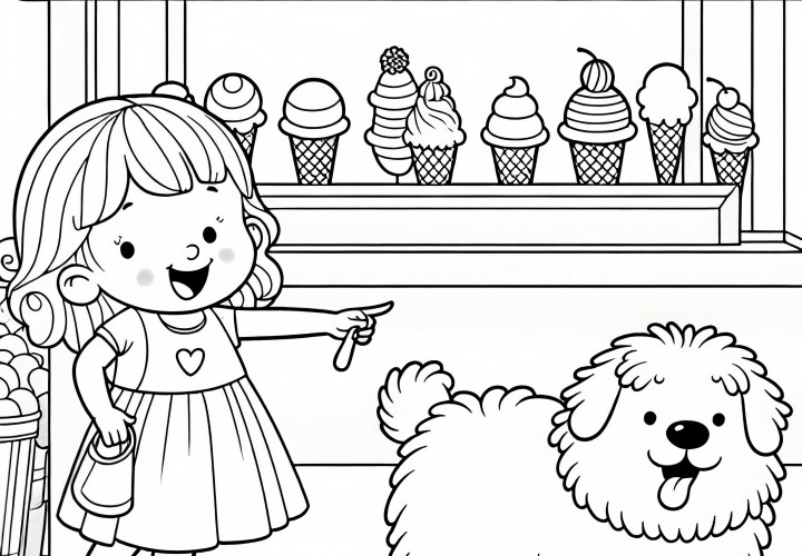 Stand de glace avec enfant et chien - Dessin à colorier pour les filles à partir de trois ans