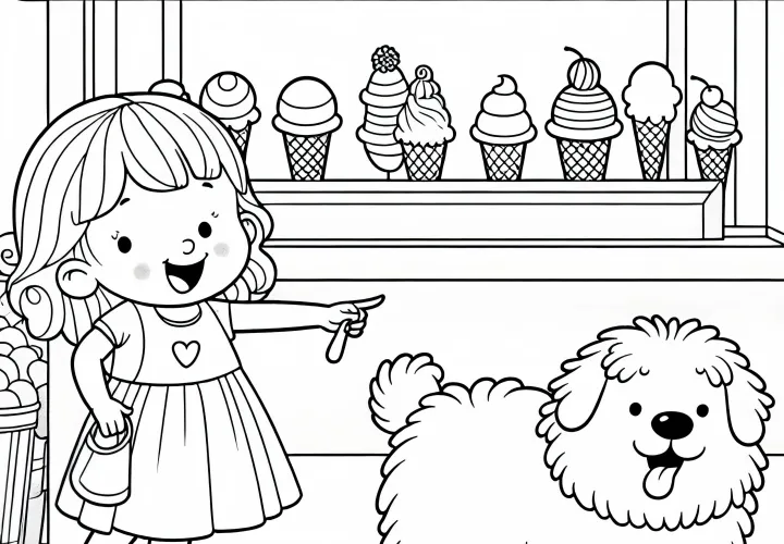 Stand de glace avec enfant et chien - Dessin à colorier pour les filles à partir de trois ans